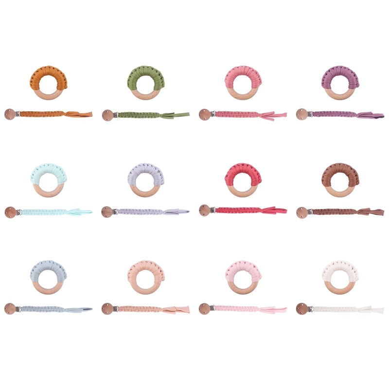 2 Pcs Baby Braided Pacifier Chain Clip Wooden Ring Teether Soother Teething Toy