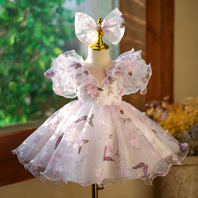2023 New Flower Girl Dresses for Weddings Kids Bow Design Fairy Princess Ball Gown Children Birthday Party Clothes Baby Baptism