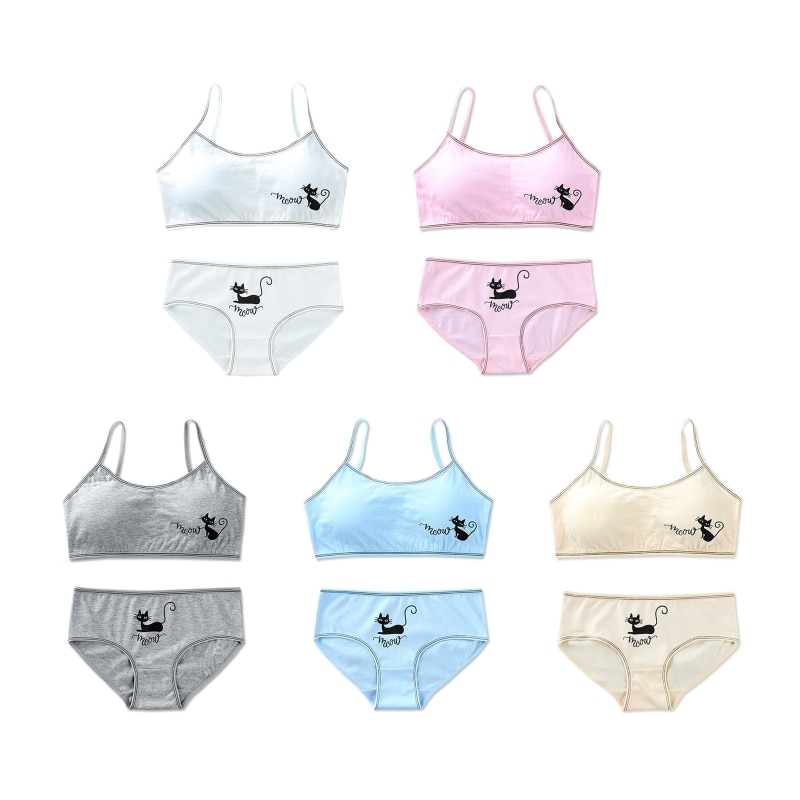 Teen Girls Cute for Cat Underwear Set Removable Padded Cami Training Bra and Pan