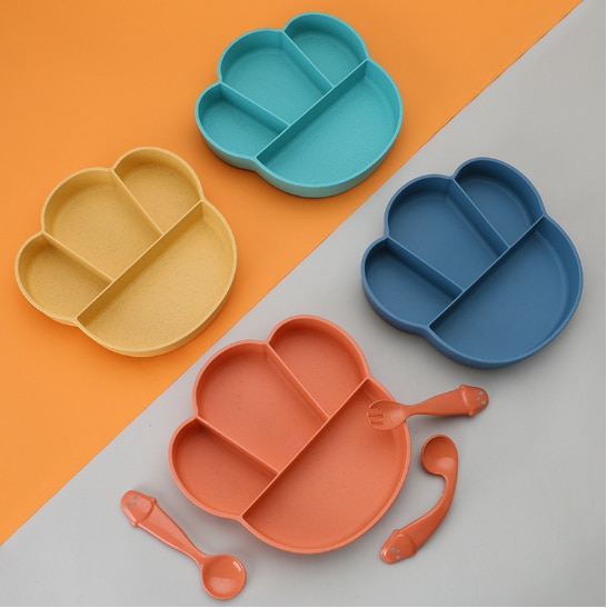 4pcs Baby Feeding Bowl Kids Plate Food Grade Wheat Straw Solid Color Dish Children Dinnerware Newborn Dining Plate Spoon Fork