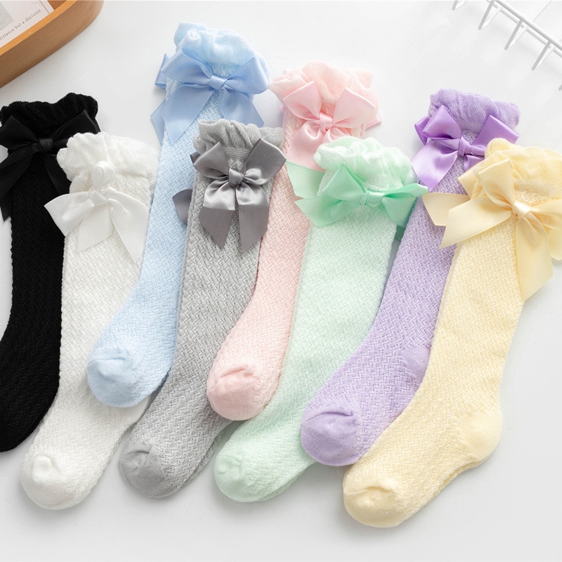 2023 Kids Socks Toddlers Girls Newborn Big Bow Soft Spring Summer Cotton Lace Baby Tube Sock Non-slip Long Baby Socks Calcetines