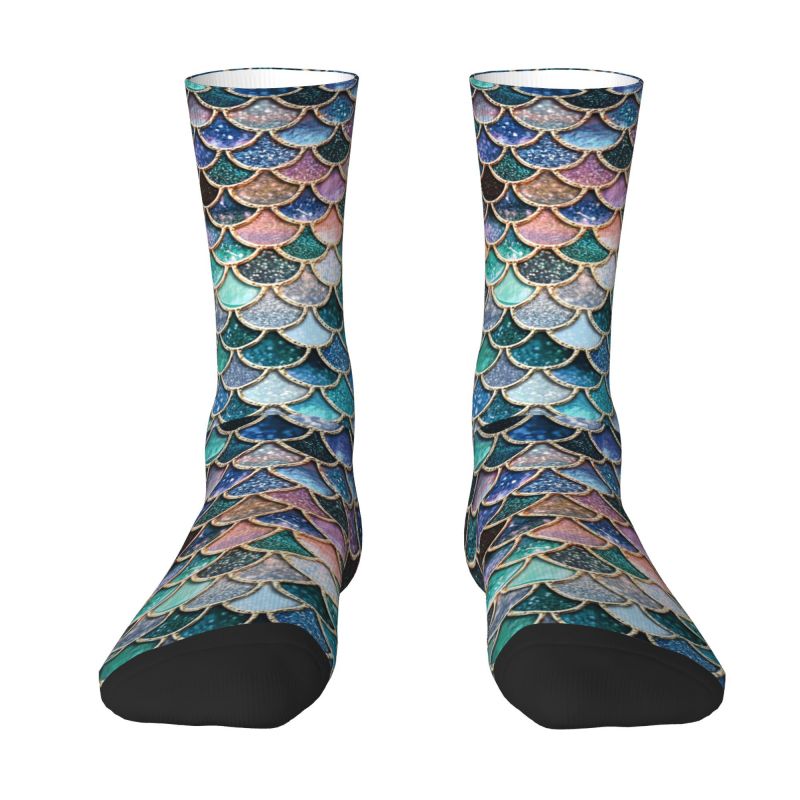 Silver Pink Sparkle Glitter Mermaid Scales Men's Crew Socks Unisex Kawaii 3D Print Fishscales Dress Socks
