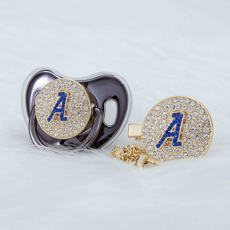 MIYOCAR Gold Metallic blue 3D Initials bling blue letter A bling pacifier and pacifier clip BPA free dummy bling