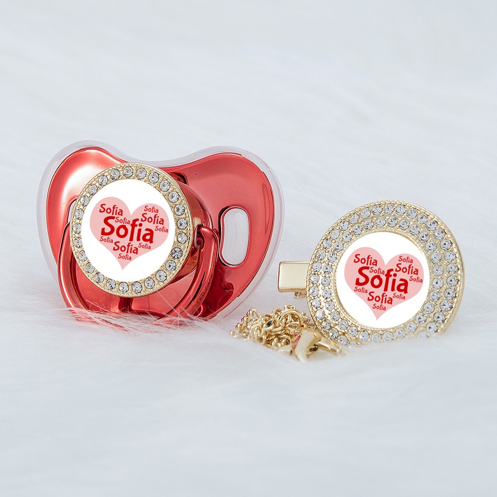 MIYOCAR personalized any name in heart shape bling pacifier and pacifier clip BPA free dummy bling glitter design