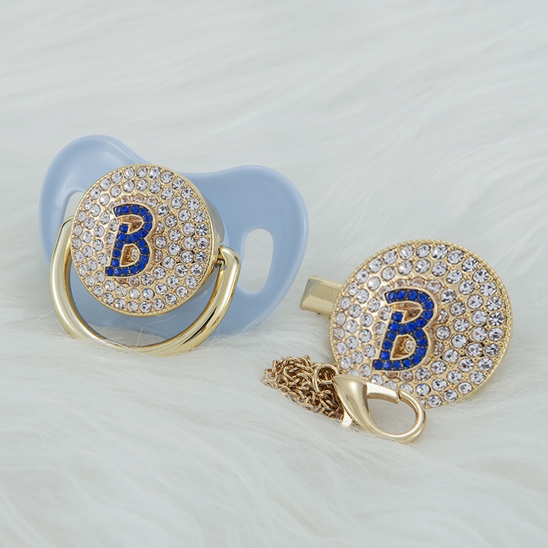 MIYOCAR light blue 3D Initials bling blue letter B bling pacifier and pacifier clip BPA free dummy ideal gift