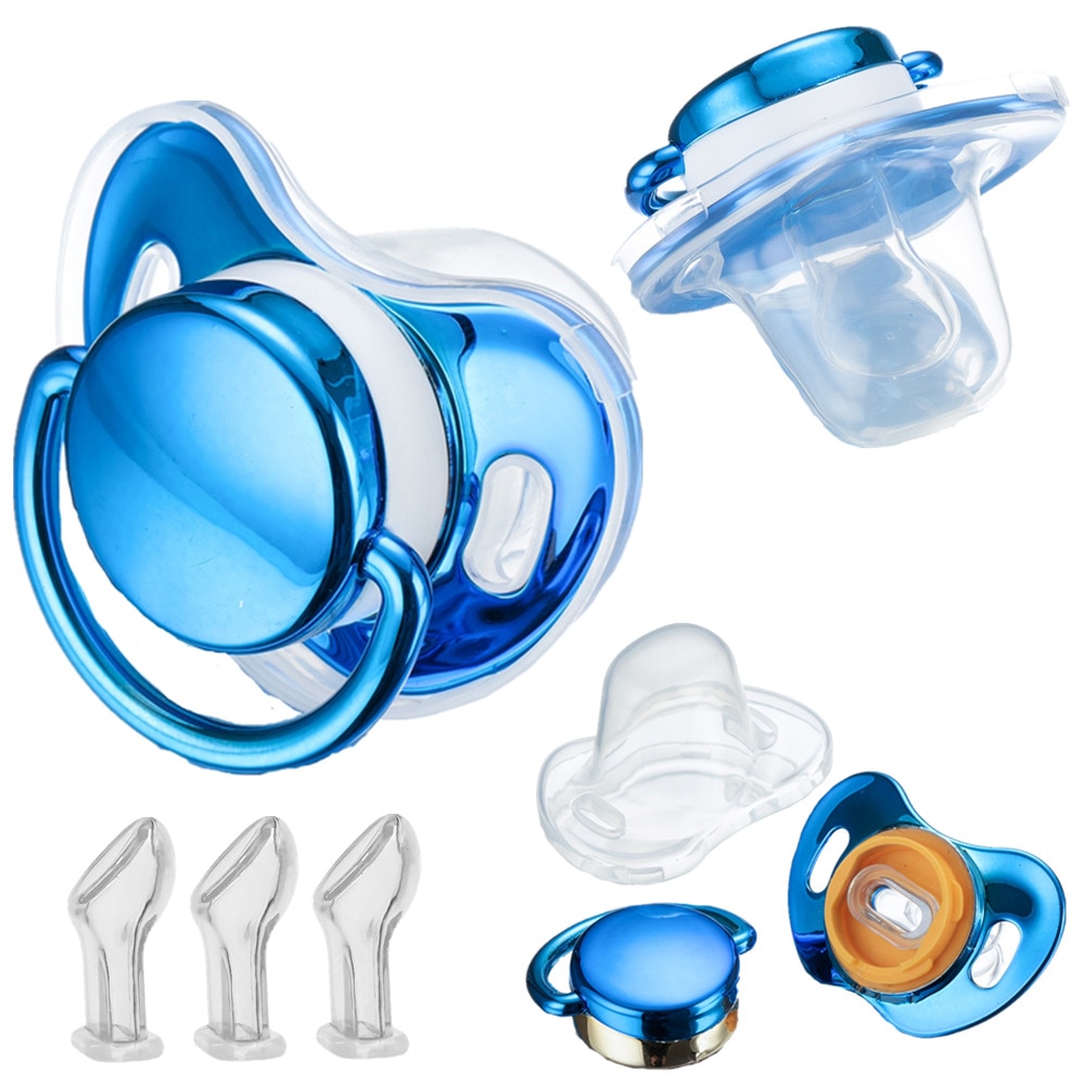 Miyocar Luxurious Metallic Blue Pacifiers Bring 3 Replacement Silicone Teat Includes All Size for Boy and Girl Baby Shower Gift