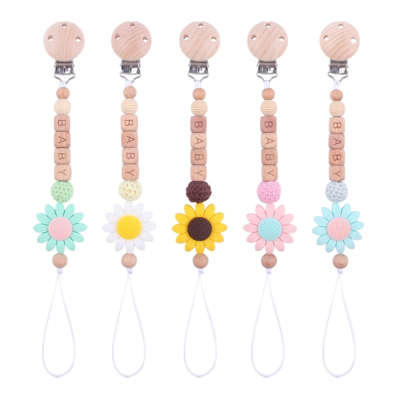 Wooden Baby Boy Girls Holder Soothie Pacifier Clip Silicone Bead Teething Relief Teether Toy Sunflower Birthday Shower Gift