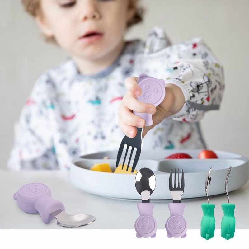 Kids Spoon Fork Set With A Cute Cartoon Bear Handle Anti-fall Safe Toddler Utensils Set For Kids Food Feed Training Dinnerware