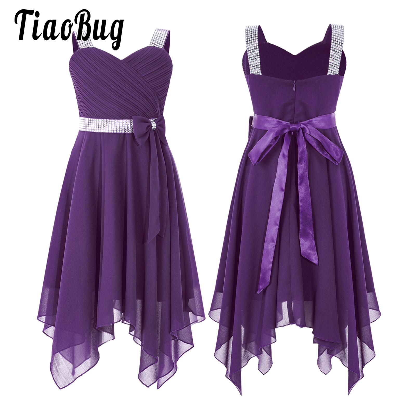 Kids Girls Chiffon Bowknot Dress Sequin Asymmetrical Hem Flower Girl Dress Princess Dresses for Prom Wedding Birthday Party