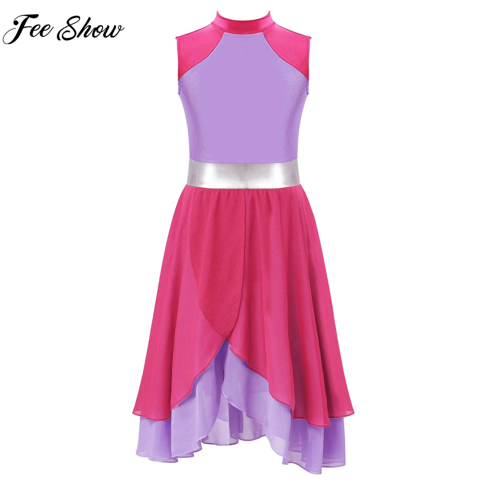 6-16Y Girls Church Praise Choir Costume Ballroom Lyrical Dance Dress Sleeveless Color Block Tiered Stage Performance Dancewear