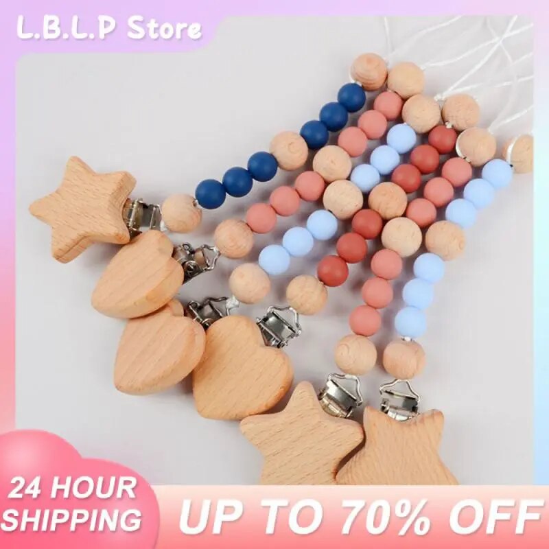 Heart shaped Star Beech Pacifier Chain Nipple Clip Wooden Beaded Pacifier Chain Wooden Teethers Toy Anti-lost Pacifier Clip