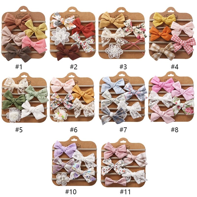 5Pcs Infant Baby Girls Bowknot Headband Set Nylon Elastic Lace Flower Hair Band