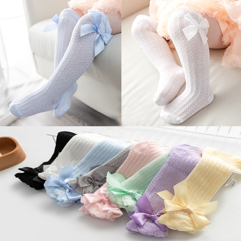 Mesh Cotton Baby Long Socks Summer Hose Tube Bow Anti-Mosquito Knee Socks Baby Girl Over The Knee Stockings Children 0-4 Years
