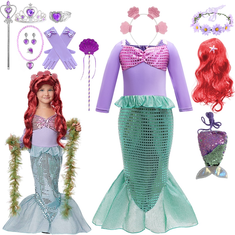 Summer Fancy Girl Mermaid Dress Halloween Pageant Children One-Piece Sequin Princess Ariel Masquerade Birthday Party Ball Gowns