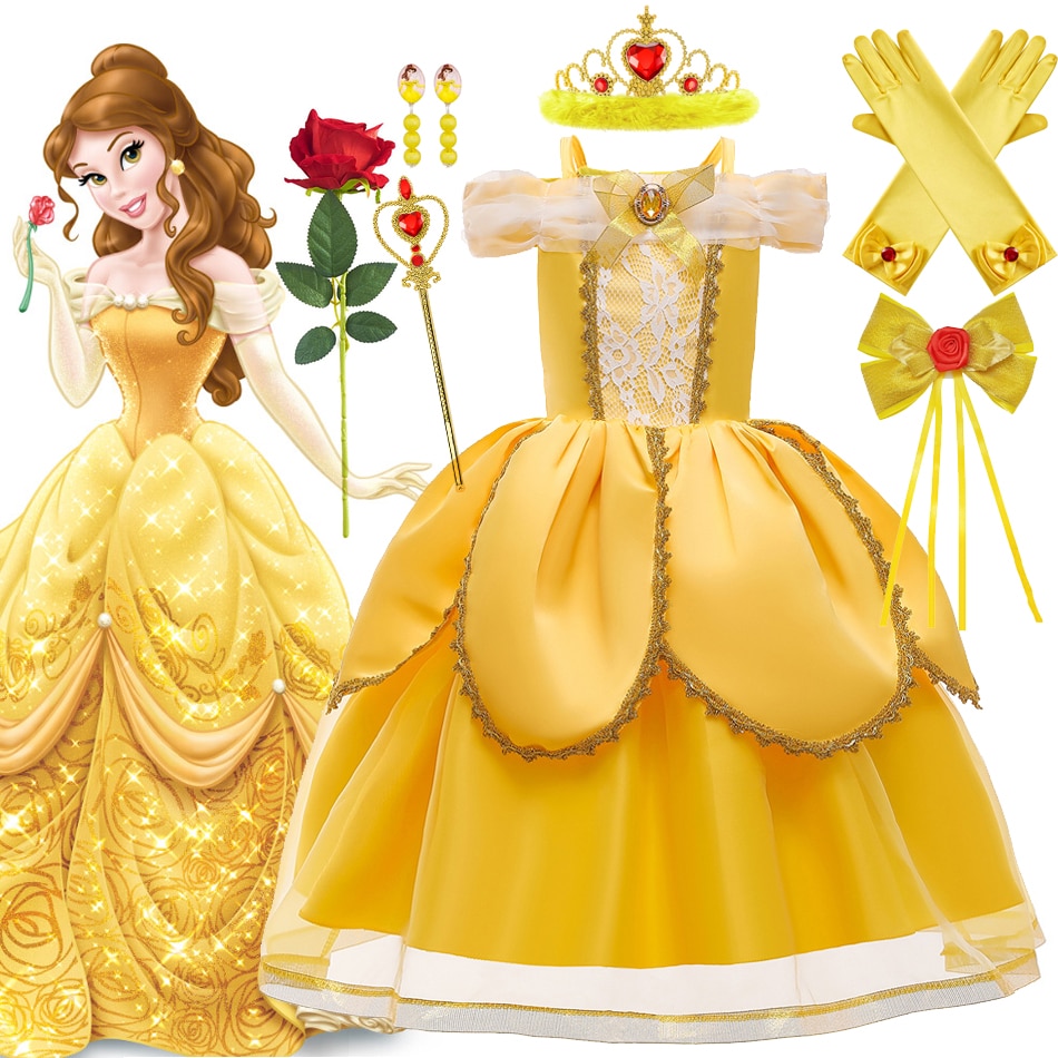 Disney Princess Belle Dress for Girl Halloween Cosplay Costume Beauty and the Beast Kid Party Carnival Ball Gown Birthday 2-10T