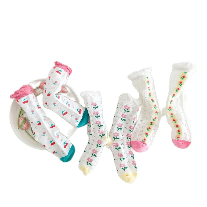 2023 Summer Thin Floral Card Mesh Socks Cotton Edge Girls' Mid length Socks
