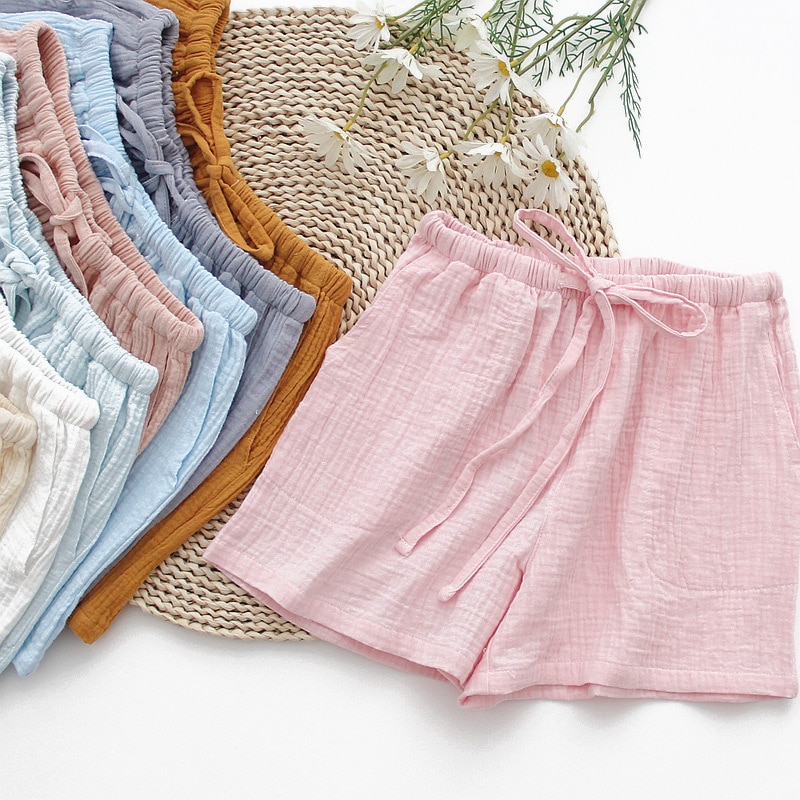 Pajamas Plus Cotton Sleep Loose 100% Solid Summer Loungewear Shorts Crepe Casual Color Bottoms Size Ladies Sleepwear Women