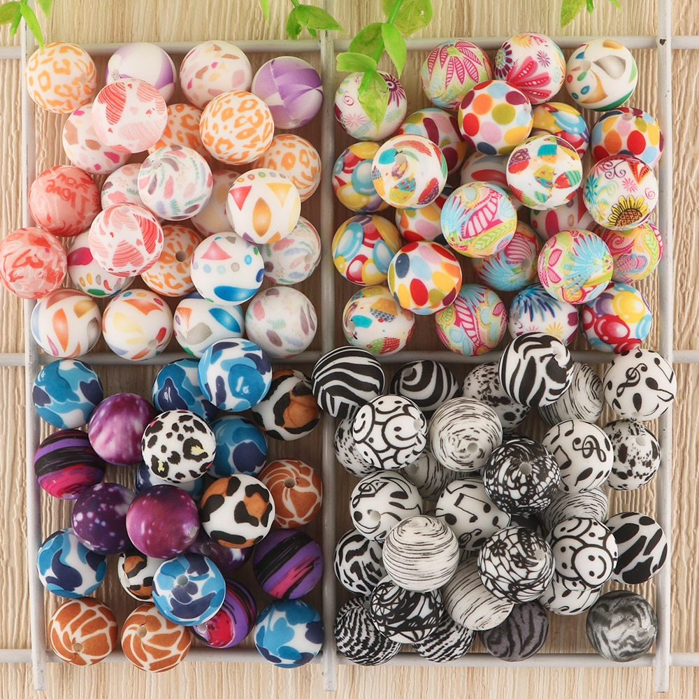 Kovict 10Pcs New Round Leopard Printed Silicone Beads 15mm Food Grade For DIY Pacifier Chain Necklace Accessories