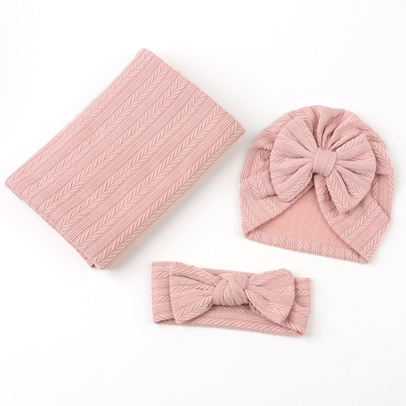 3Pcs/Lot Baby Girl Swaddle Blanket Hat Set Infant Bowknot Elastic Headwarp Newborn Shower Gifts