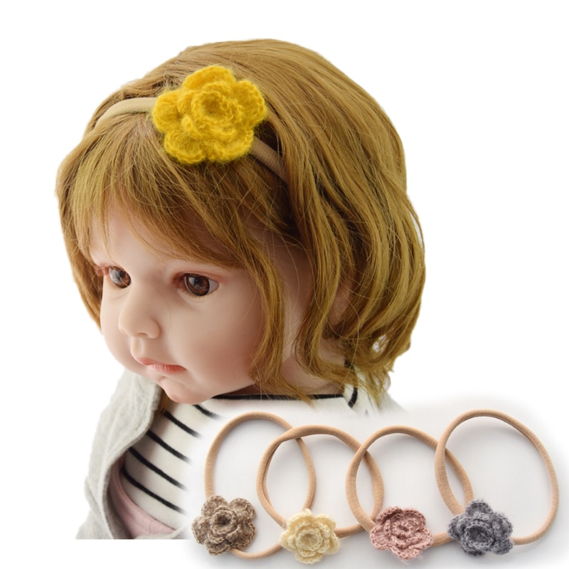 Baby Girls Headbands Woolen Flowers Nylon Handmade Kid Elastic Hairbands Children Hair Accessories Vintage Toddler Spring