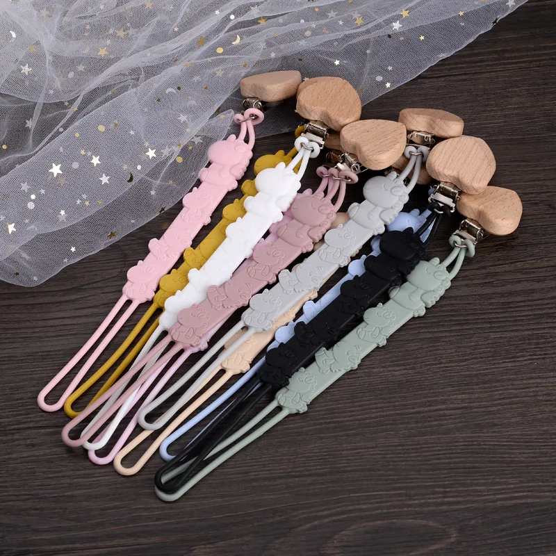 Baby Heart Shape Wooden Nipple Clip Silicone Soother Dummy Holder Chain For Nursing Teether Chew Toys Baby Pacifier Chain