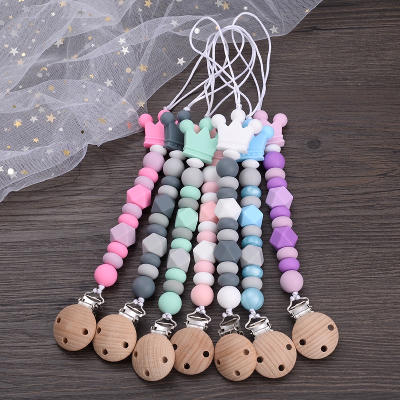 Baby Silicone Appease Nipple Chain Boy Girl Nursing Teether Chew Toy Gifts For Anti-Drop Baby Beech Wood Pacifier Chain Clips