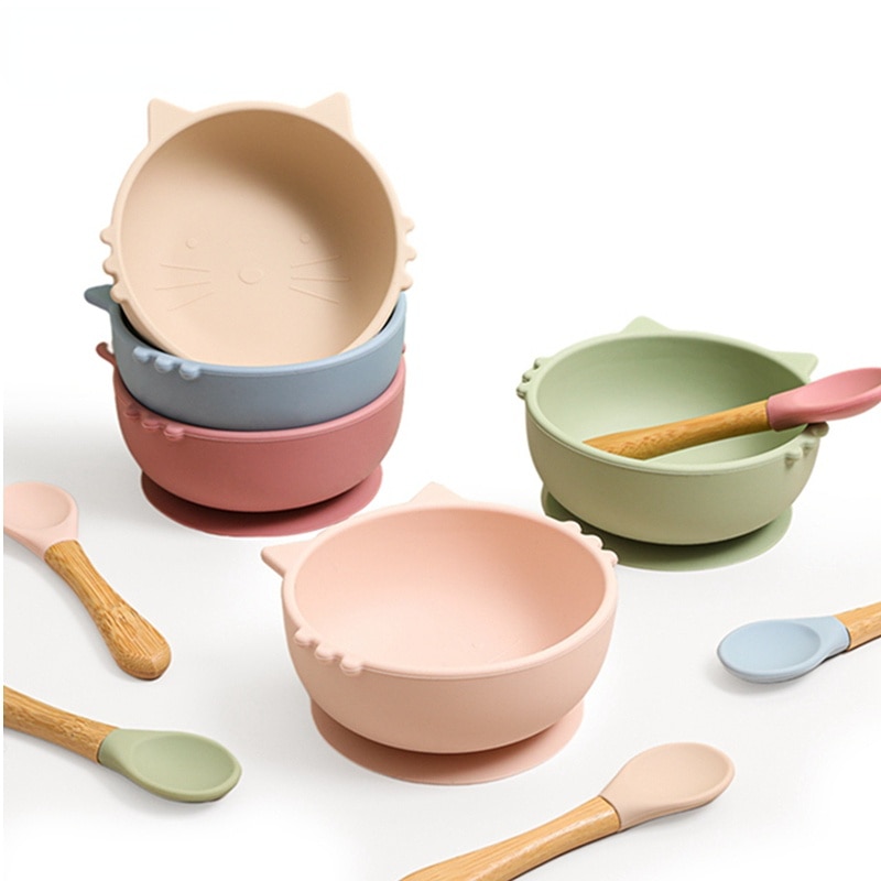 2Pcs/1Set Silicone Baby Feeding Bowl Tableware Waterproof Spoon Non-Slip Crockery BPA Free Silicone Dishes for Baby Bowl