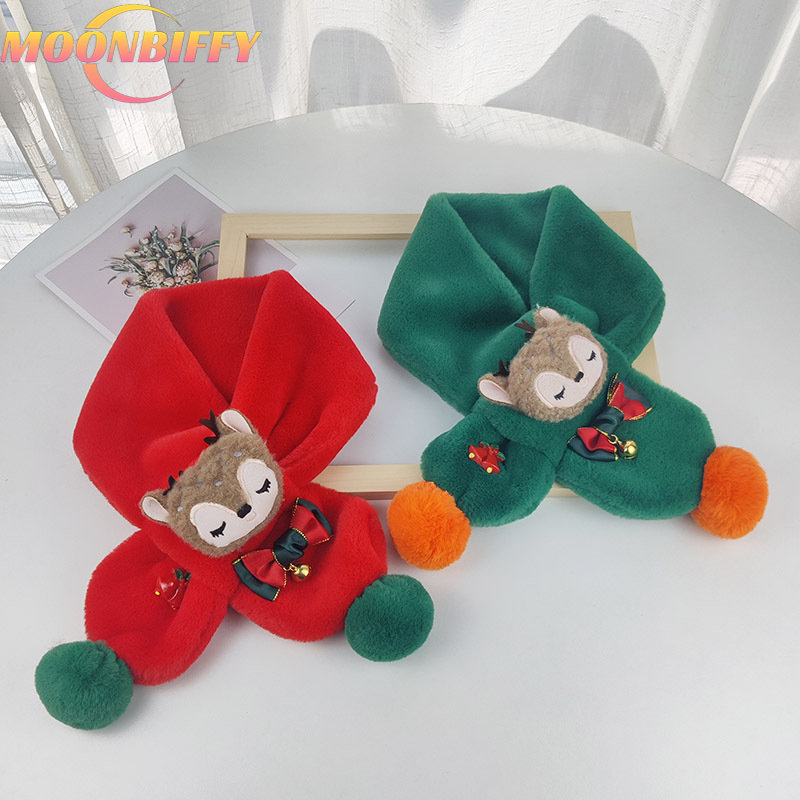 Christmas Kids Scarf Cute Cartoon Deer Doll Boys Girls Scarf Soft Faux Fur Pompom Neck Warmers Children Toddler Scarves Gift