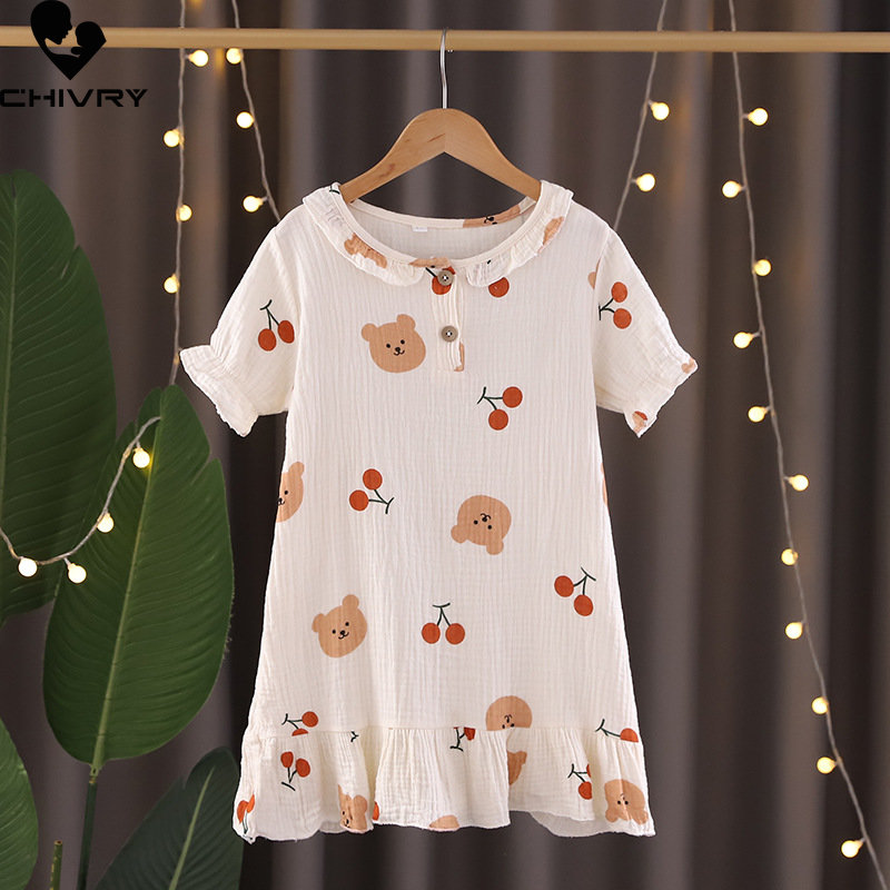 New 2023 Girls Sweet Nightgowns Summer Thin Short Sleeve O-neck Cartoon Bear Heart Sleepwear Baby Girl Casual Sleeping Dress