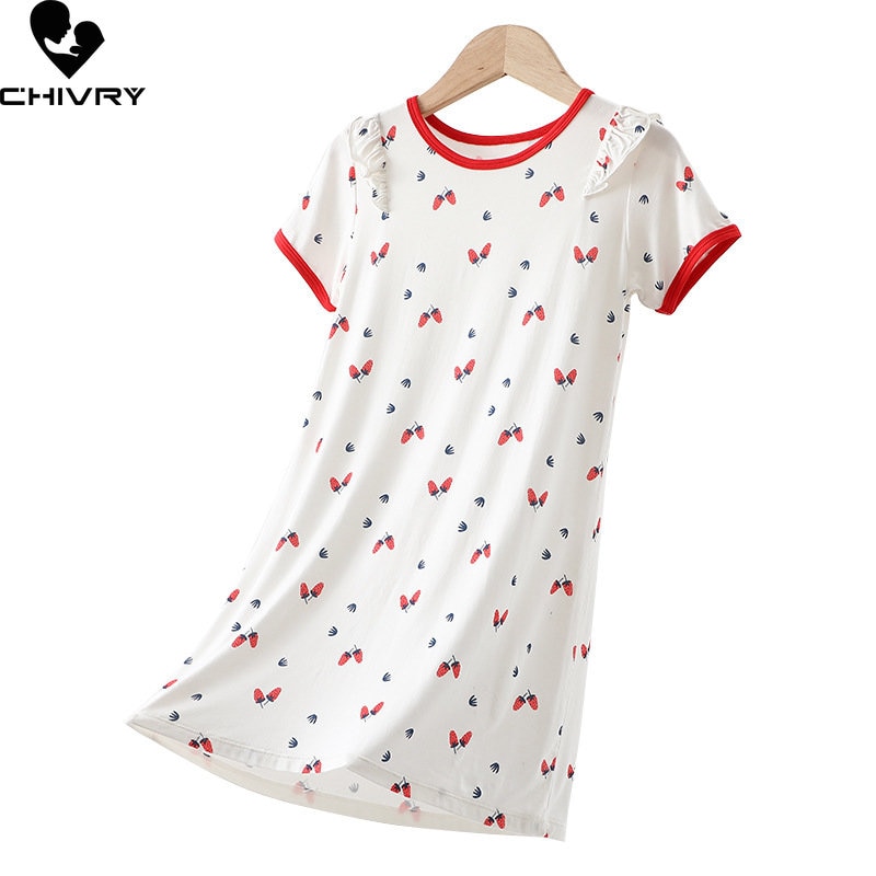 New 2023 Girls Fashion Nightgowns Summer Thin Short Sleeve O-neck Cartoon Strawberry Sleepwear Baby Girl Sleeping Dress Homewear