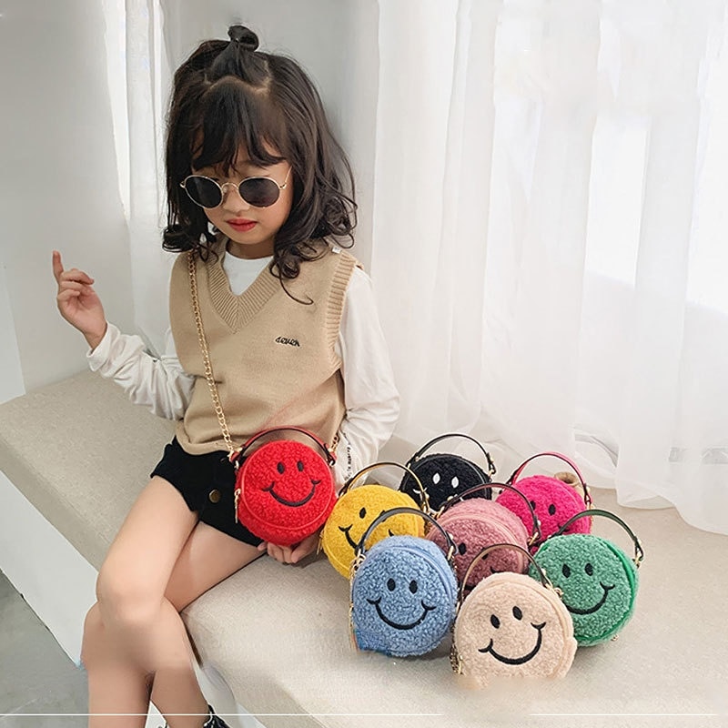 Children's Lunch Packet Little Girl Carrying Bag Baby Clutch Kids Chain Plush Shoulder Package Happy Smiley Wallet Tote for