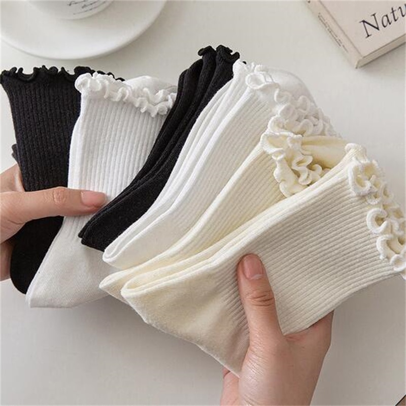 White Socks Women Kawaii Cute Frilly Ruffle Socks Cotton Japanese Fashion Purple Woman Crew Socks Lady Designer Socks Calcetines