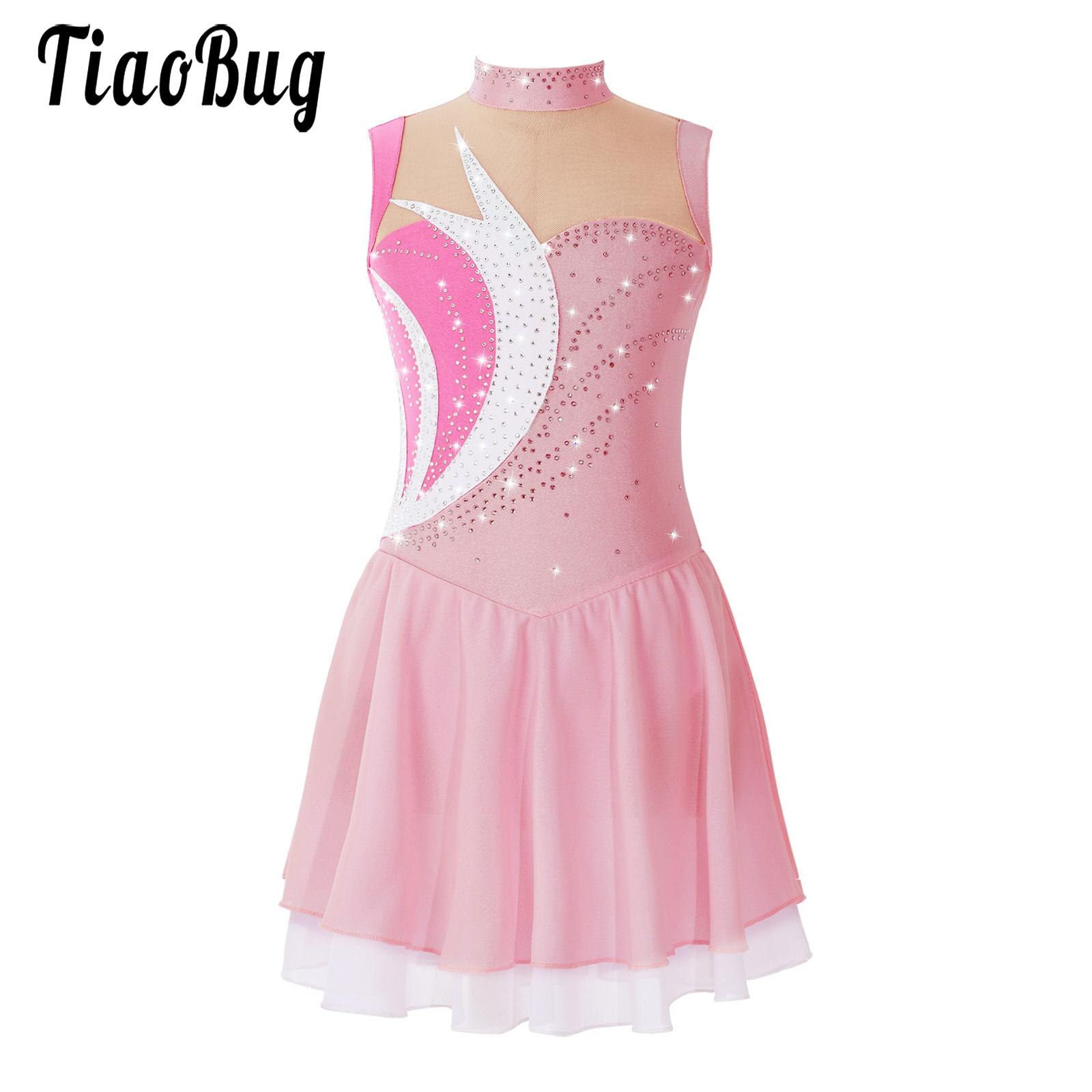 Kids Girls Dress Sleeveless Round Collar Mesh Skirts Teens Rhinestone Leotard Patchwork Hollow Back Ballet Lyrical Dance Dresses