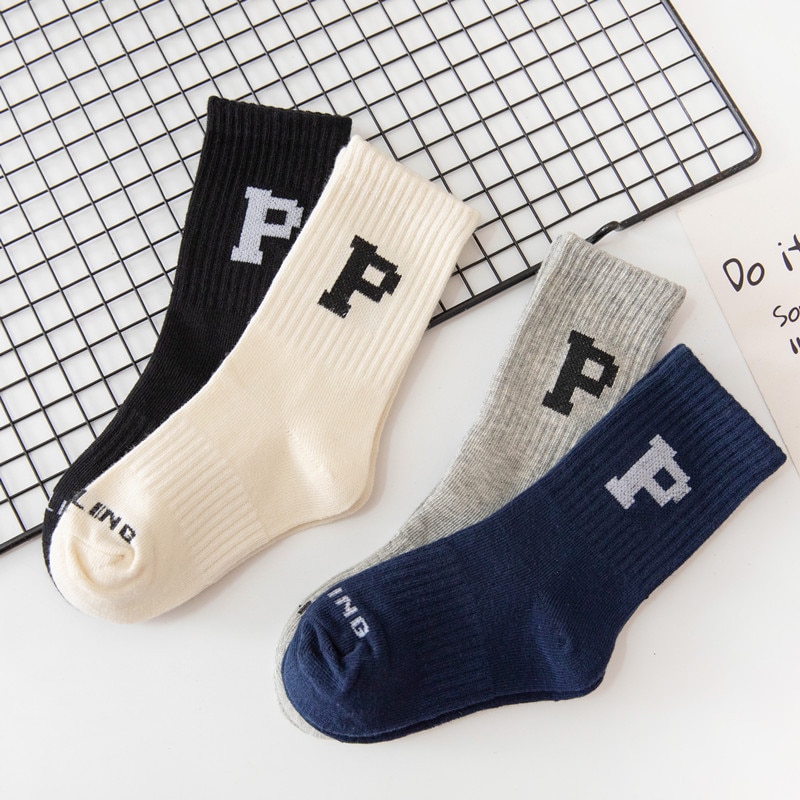 Soft Fashion Korean Cotton Breathable Stockings Kids Boys Solid Color Letters White Knee High Long Socks for Children Girls