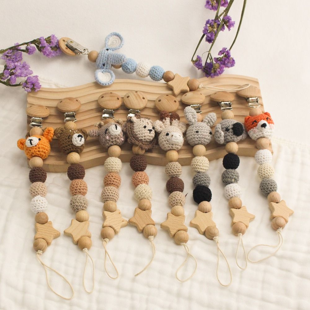 Cartoon Animal Pacifier Clips Appease Soother Chain Wood Beads Clip Toy Baby Gift