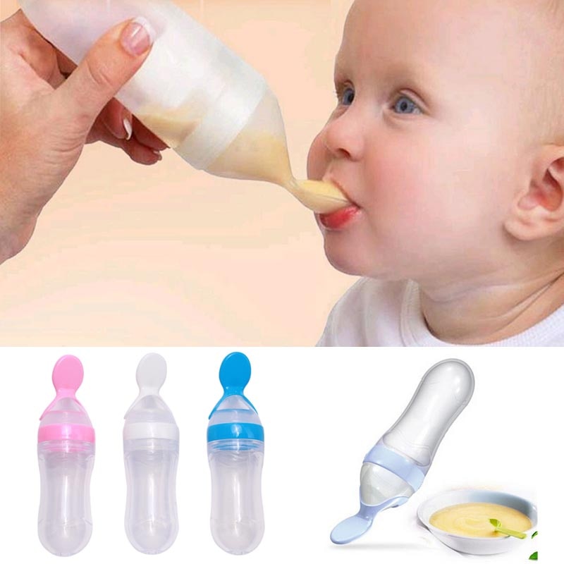 Silicone Baby Feeding Bottle With Spoon Food Supplement Rice Cereal Bottle Baby Squeeze Spoon Silica Gel Spoon 90ml