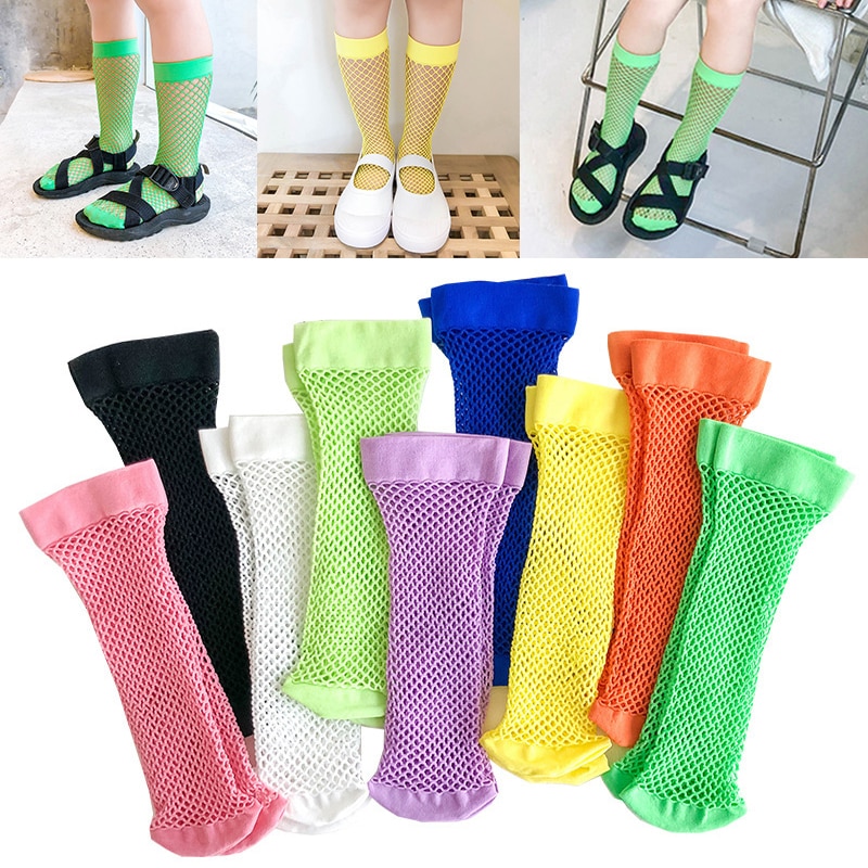 1Pair Kids Fashion Hollow Fishing Net Socks Candy Color Fishnet Socks High Lace Mesh Socks Baby Girls Kids Short Sock Summer
