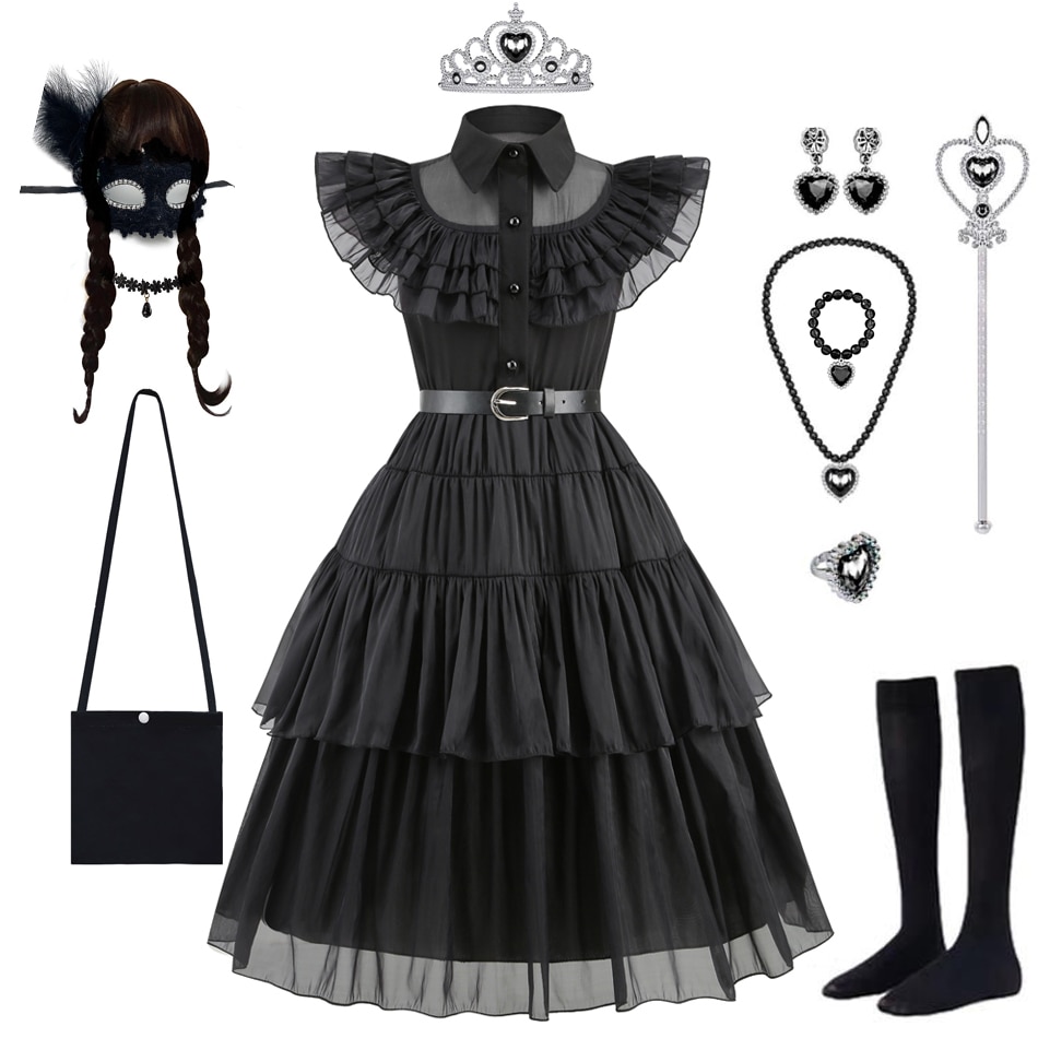 Wednesday Addams Costumes Girls Birthday Princess Costume Black Fancy Kids Halloween Carnival Dancing Party Suit for Girls