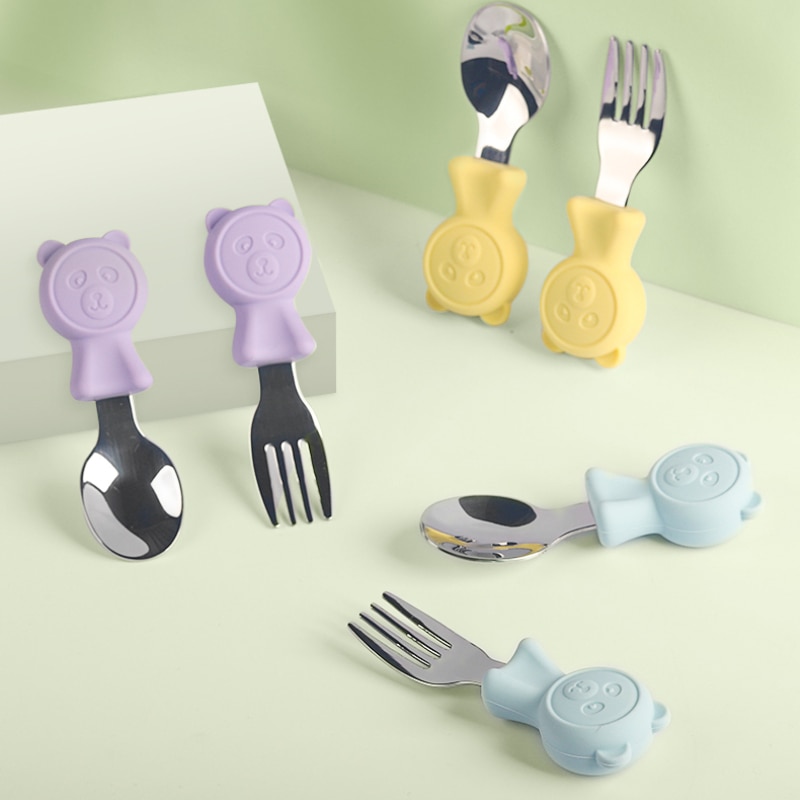 Cartoon Stainless Steel Kids Spoon Fork Set Baby Feeding Kid Children's Cutlery for Kids Food Feed Training Toddler Dinnerw