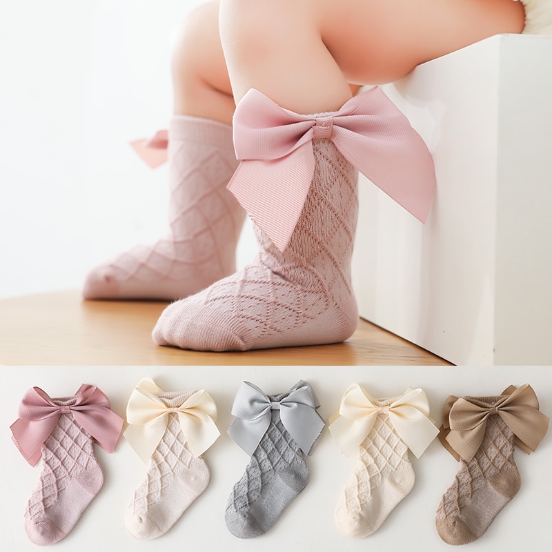 New Summer Children Socks Spanish Big Bow Solid Colour Breathable Cotton Baby Girls Tube Sock To 0-7 Years