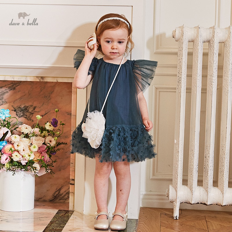 Dave Bella Girl's Dresses Children's New Baby 2023 Mesh Foreign Style Noble Short Sleeve Coin Purse Summer Princess DB