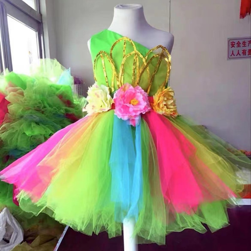 Colorful Flower Princess Dress For Girls Children Dance Performance Show Costume Fancy Kids Carnival Halloween Party Dresses