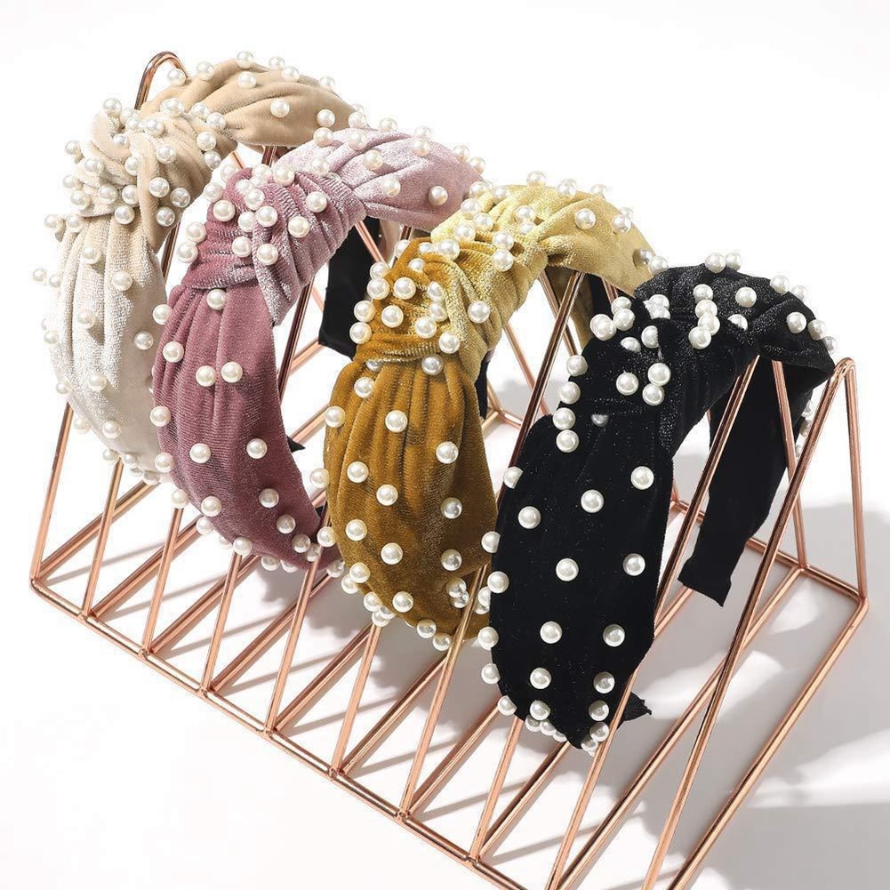 6pcs/10pcs Velvet Knotted Pearl Headband Wide Side Hairband Middle Knot Headwear Women Hair Hoop Hair Accessories