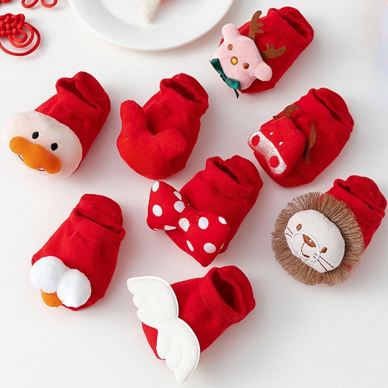 1 Pair Baby Sock Cute Cartoon Animall 3D Doll Ankle Sock for Toddler Boy Girl Red Series Spring Summer Kids Non-slip Floor Sock