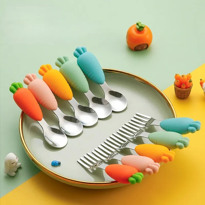 Stainless Steel Baby Feeding Spoon Fork with Silicone Short Handle Kids Carrot Spoon Fork Kit Toddler Tableware Cartoon Utensils