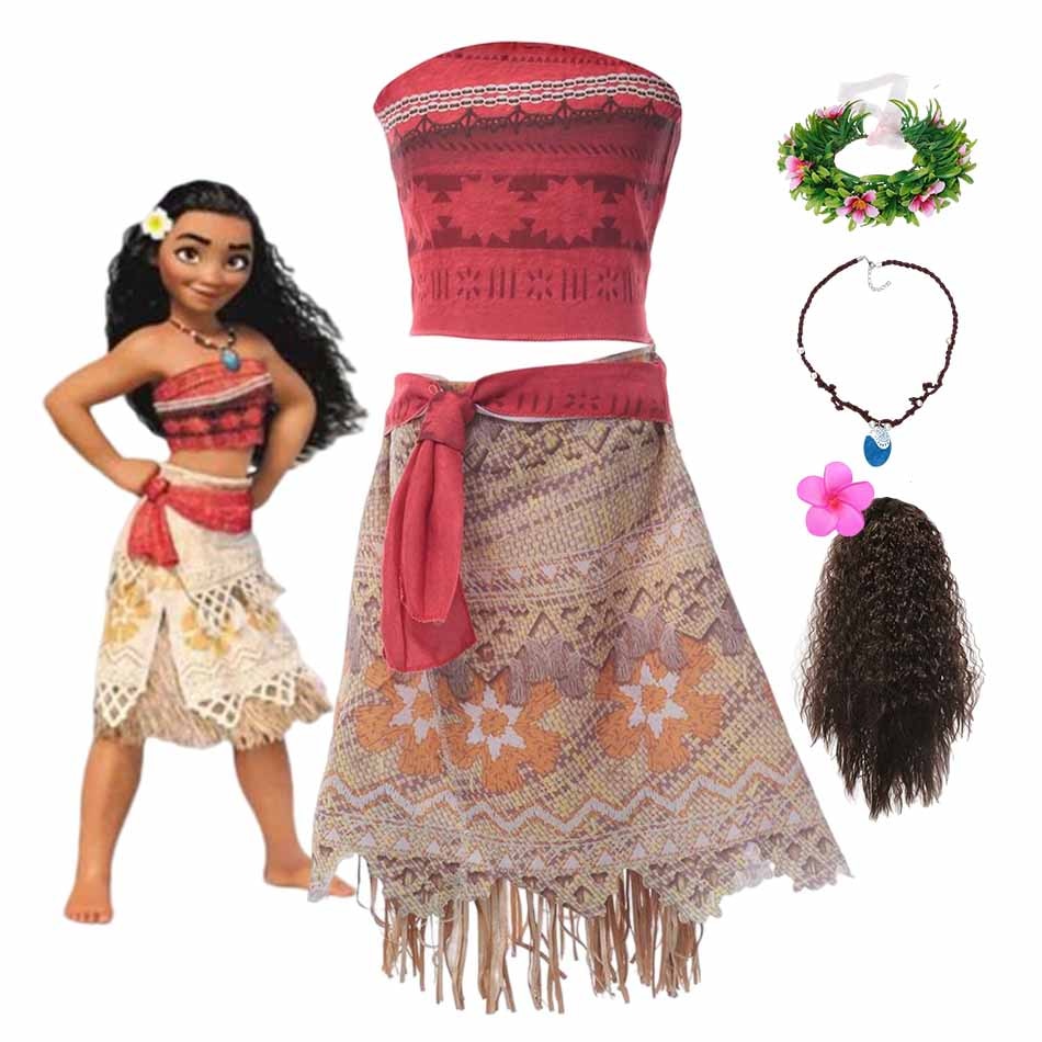 Disney Moana Cosplay Costume Girls Princess Party Dress Theme Birthday Halloween Dress up Two-Pieces Crop Top Tassel Skirt Set