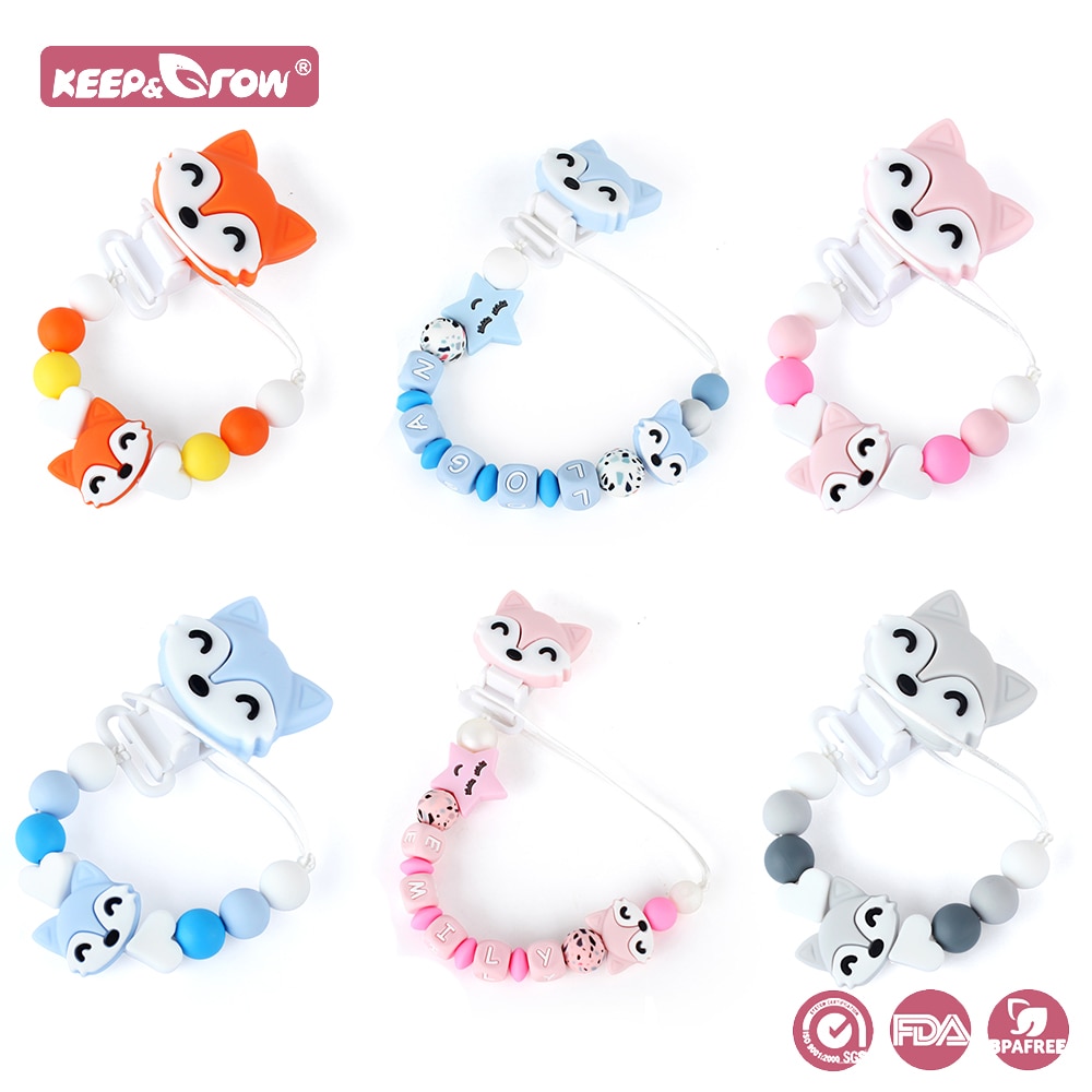 Baby Pacifier Clip Chain Personalized Name Silicone letter beads Teething Toys Fox Cartoon Dummy Nipples Holder Clips Teethers
