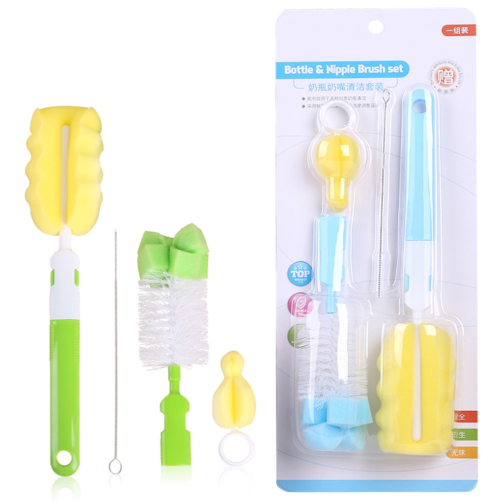 4PCS Set Bottle Brush Sponge Plastic Glass Milk Water Cup Cleaning Feeding Bottle Dummy Nipple Pacifier Brushes Kit