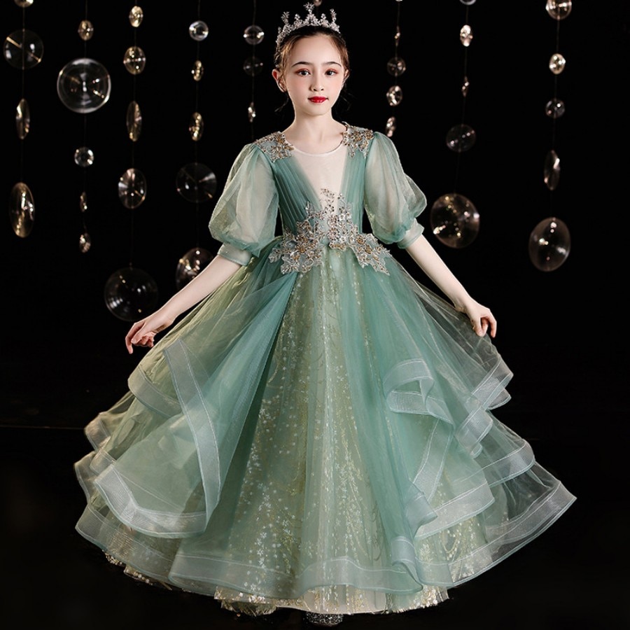 Girls Embroidery Transparent Short Lantern Sleeve Wedding Party And Bridesmaid Layered Dress 3 To 14 Year Light Green Prom Dress