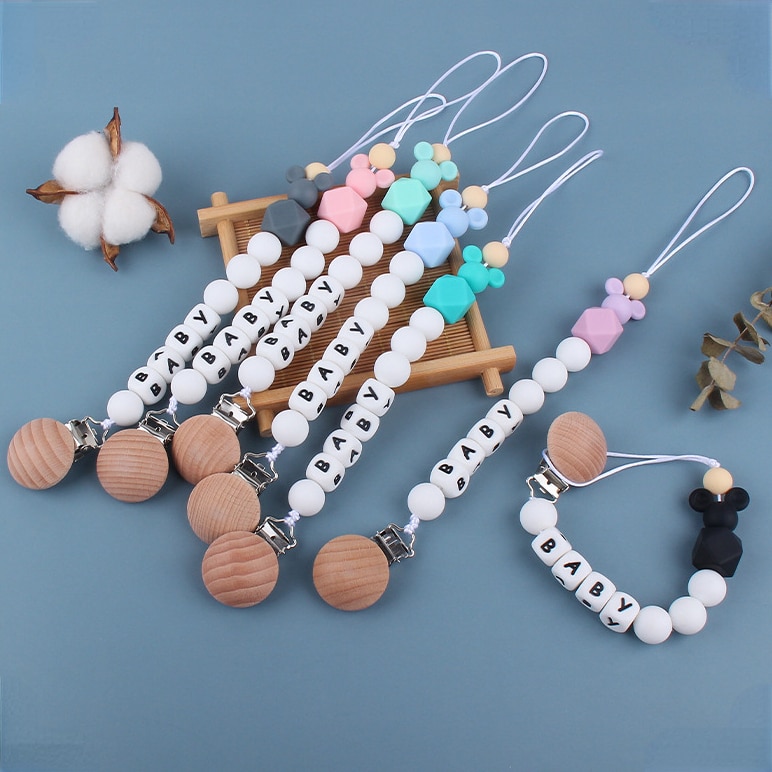Baby Pacifier Clips Personalized Name Dummy Nipples Holder Clip Chain Silicone Newborn Teething Toys Accessories Infant Feeding